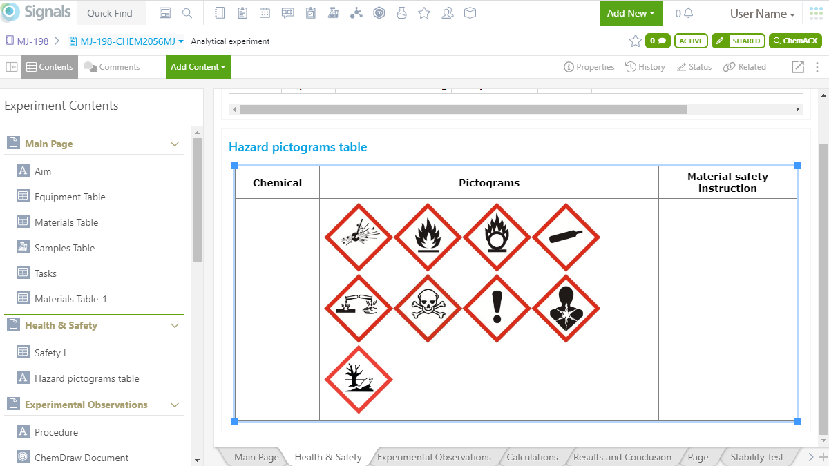 Screenshot of screen of hazard pictogram table within Signals Notebook